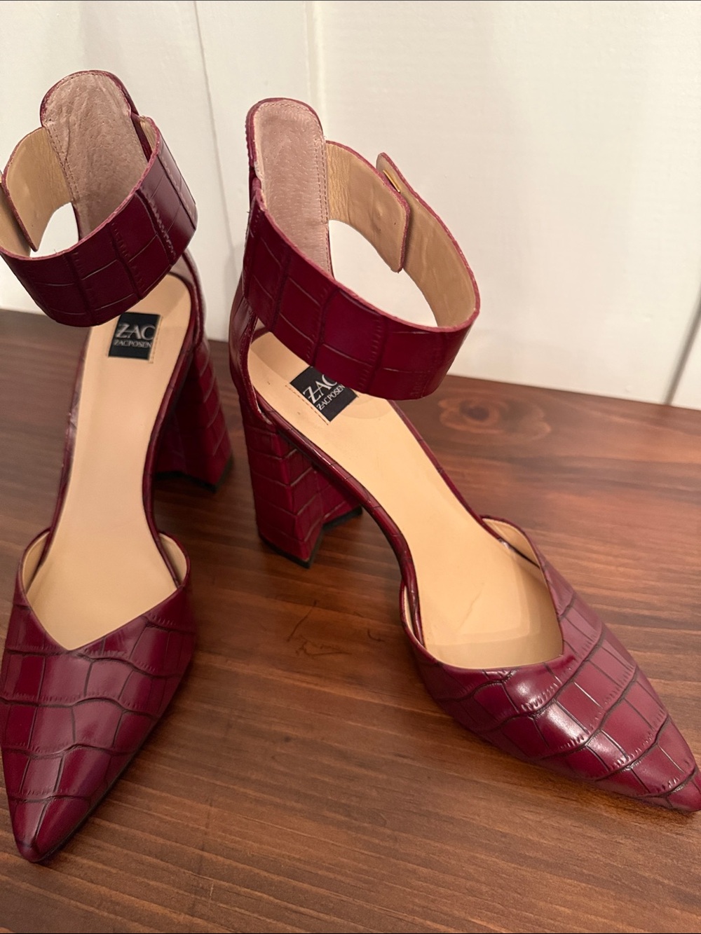 Zac Posen Burgundy Croc-Embossed Pointed Ankle-Strap Heels